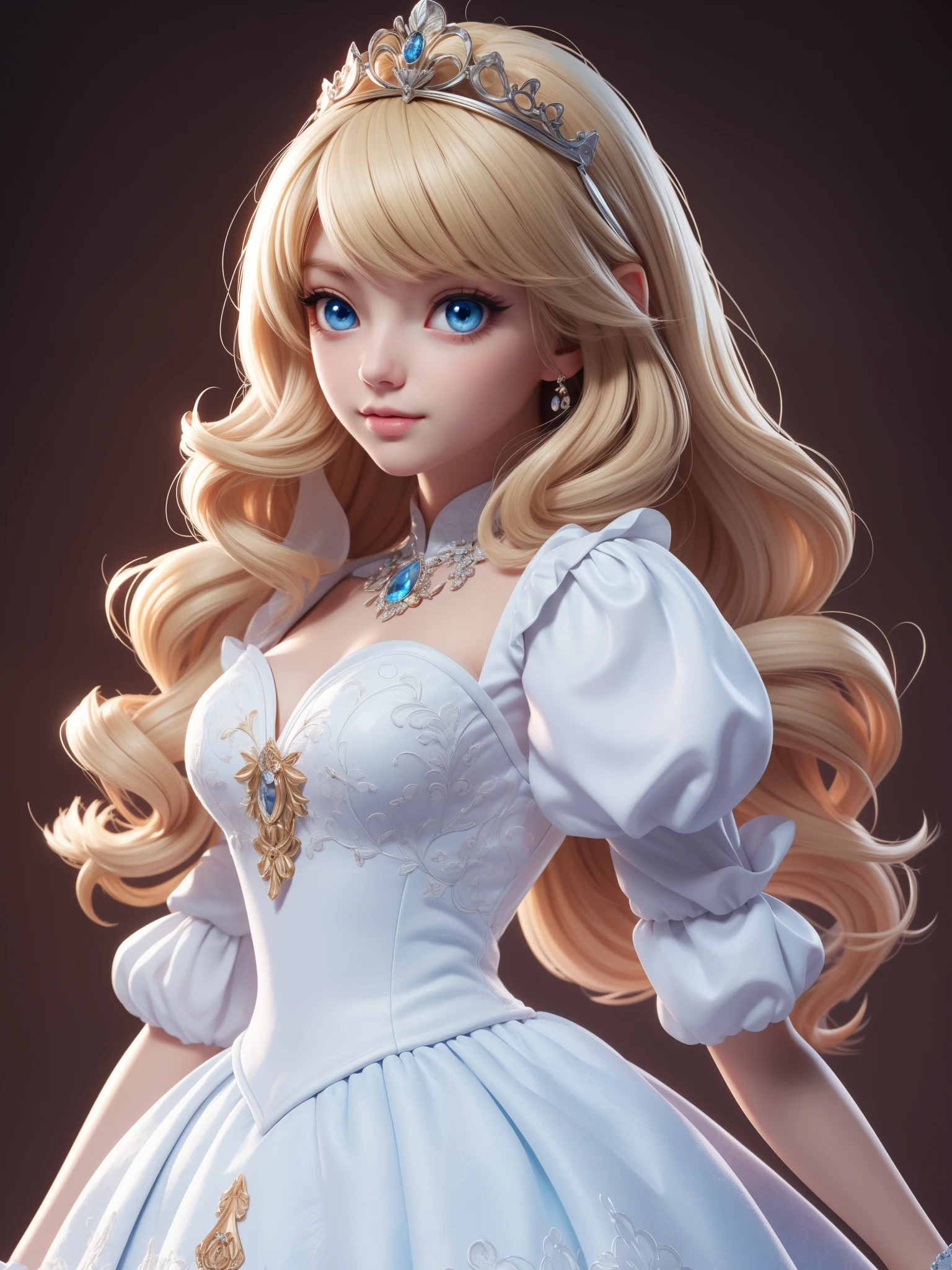 (Best quality,4K,8K,A high resolution,tmasterpiece:1.2),ultra - detailed,Cute Art，adorable digital art，blond hair blue eyes,The eyes are bright,White princess dress，puff sleeves，The stands up