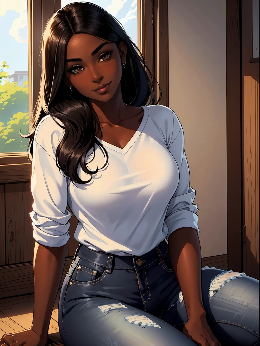 Dark skin ebony young woman in a casual shirt and blue jeans sitting with her chin propped on her fists, clear defined brown eyes, perfect wild cloud of long black hair, deceptively shy, blushing with a secretive smile, flirtatious, mischievous,