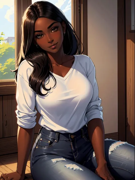 Dark skin ebony young woman in a casual shirt and blue jeans sitting with her chin propped on her fists, clear defined brown eye...
