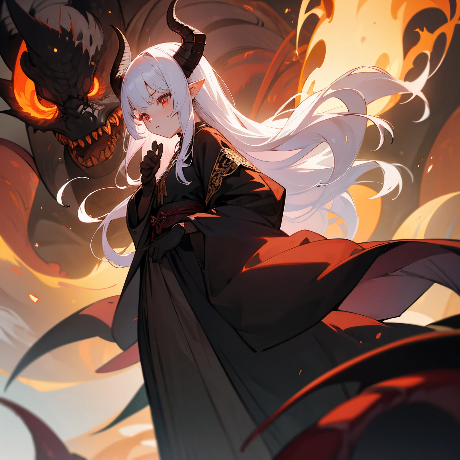 A young girl, with poor milk, with golden eyes burning like flames, little pointy ears like fairies, long pure white hair blowing in the wind, black dragon horns on her head, a sorcerer's dress, wearing black lace gloves, a wide robe sleeve to hide her hands, a golden pattern at the edge of the robe, and a black dragon tail behind her, A multitude of blood-red tentacles protrude from the sleeves of his clothes, Behind the girl was the shadow of a Cthulhu god, and nearby there were a large number of dense tentacles with eyes and flames flying around the girl