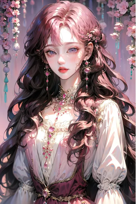 Anime girl posing for photo with long pink hair and earrings, an anime drawing inspired by Yanjun Cheng, Pisif, Fantasy art,Pink flowing hair, Long pink curly hair, Guviz, a beautiful anime portrait, Guviz-style artwork, in the art style of bowater, Anime ...