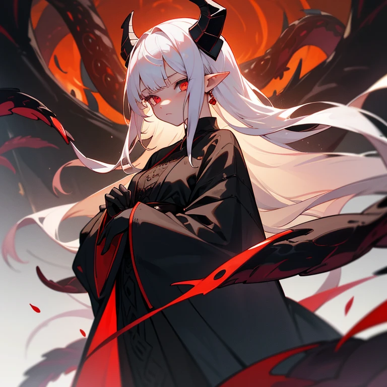 A young girl, with poor milk, with golden eyes burning like flames, little pointy ears like fairies, long pure white hair blowing in the wind, black dragon horns on her head, a sorcerer's dress, wearing black lace gloves, a wide robe sleeve to hide her hands, a golden pattern at the edge of the robe, and a black dragon tail behind her, A multitude of blood-red tentacles protrude from the sleeves of his clothes, Behind the girl was the shadow of a Cthulhu god, and nearby there were a large number of dense tentacles with eyes and flames flying around the girl