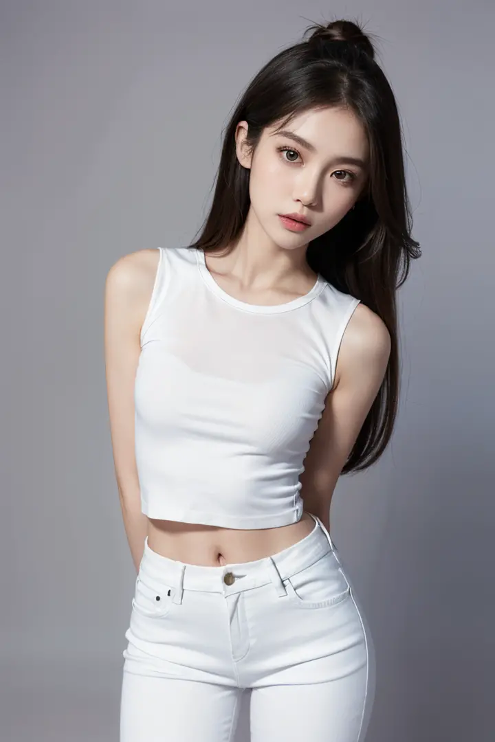 Girl posing for photo in white and tight denim，Keep your arms behind your back，full bodyesbian，With a cropped T-shirt、，Slim body，Smaller bust，Slim girl model，24 years old female model，