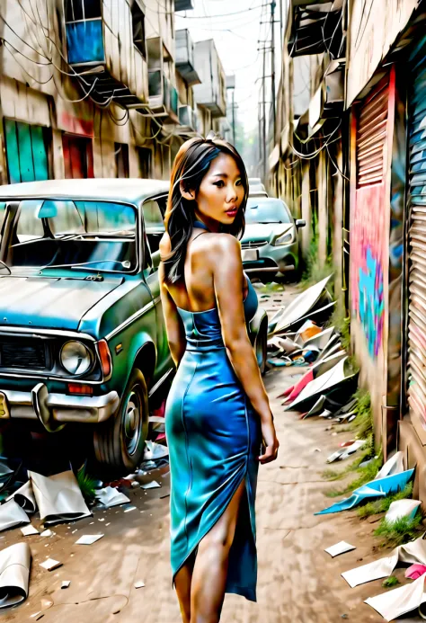 grafitti covered alley with destroyed cars and trash, beautiful asian woman walks away her backside revealed