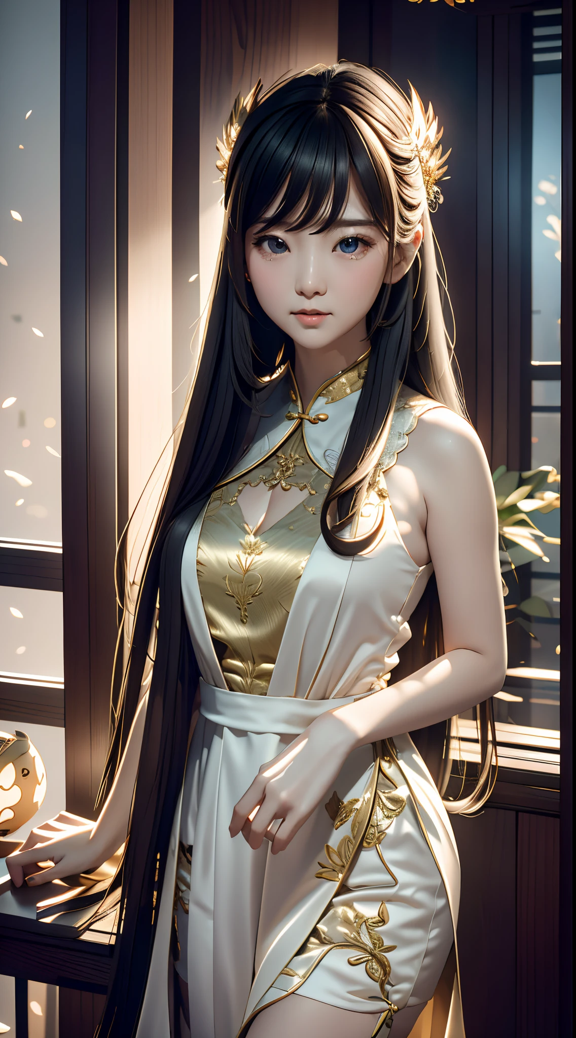 Best Picture Quality, Masterpiece level, Ultra-high resolution, Realistic, fantasy themed, Close-up of the head, one-girl, Single, disppointed, Chinese architecture, indoor, first person perspective, Phoenix headdress, Floral dress, Get detailed interior lighting and cinematic lighting, Increase the detail of the overall ambient light, Face and eye details, Improve the realism of facial details, sharp and clear focus, sobbing, Bite your mouth, scowling, eyes with brightnesackgound, Sony lens.