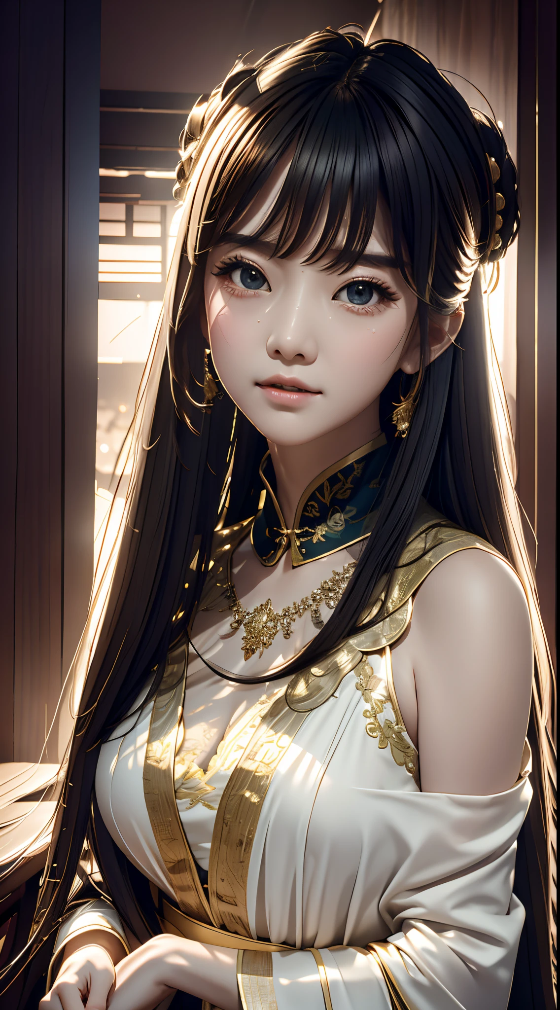 Best Picture Quality, Masterpiece level, Ultra-high resolution, Realistic, fantasy themed, Close-up of the head, one-girl, Single, disppointed, Chinese architecture, indoor, first person perspective, Phoenix headdress, Floral dress, Get detailed interior lighting and cinematic lighting, Increase the detail of the overall ambient light, Face and eye details, Improve the realism of facial details, sharp and clear focus, sobbing, Bite your mouth, scowling, eyes with brightnesackgound, Sony lens.