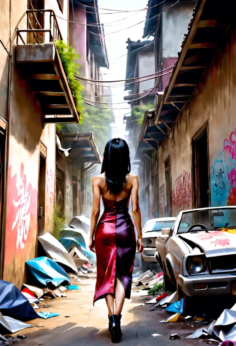 grafitti covered alley with destroyed cars and trash, beautiful asian vampire woman walks away her backside revealed