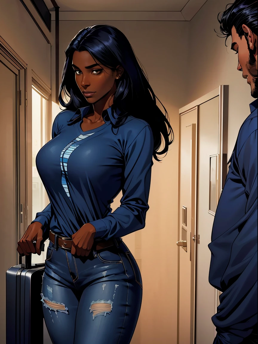 Comic book page of (Dark skin ebony young woman in a casual shirt and blue jeans, perfect wild cloud of long black hair watching a sad attractive man leave her beautiful home,((( one solo sad tall attractive man in a blue shirt leaving with a large suitcase))), clear defined brown eyes, deceptively shy, blushing with a secretive smile, flirtatious, mischievous,