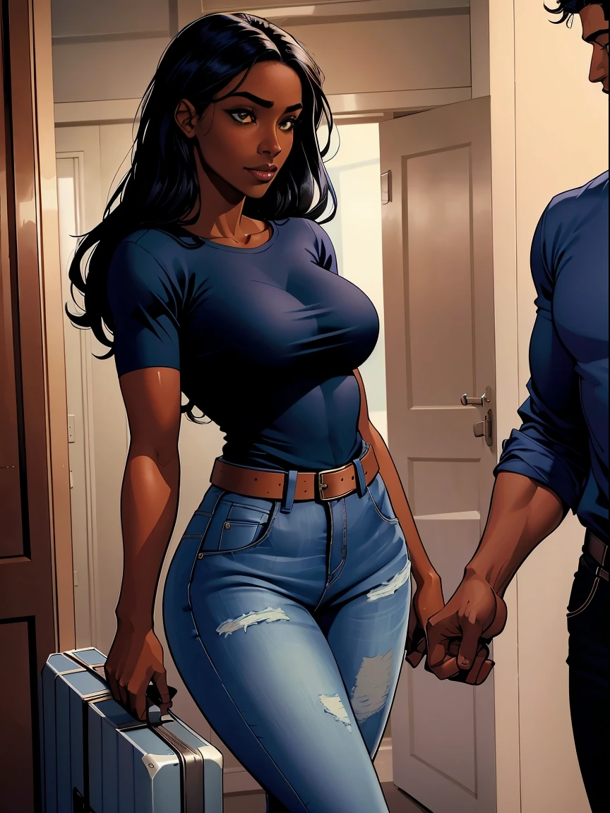 Comic book page of (Dark skin ebony young woman in a casual shirt and blue jeans, perfect wild cloud of long black hair watching a sad attractive man leave her beautiful home,((( one solo sad tall attractive man in a blue shirt leaving with a large suitcase))), clear defined brown eyes, deceptively shy, blushing with a secretive smile, flirtatious, mischievous,