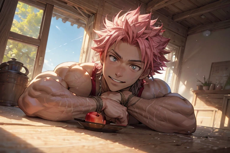 (haute résolution:1.2),ultra-détaillé,(Réaliste:1.37),table à manger en chêne,Natsu Dragneel assis sur un plat blanc,Natsu Dragneel avec un corps musclé intense et un physique fort,(Beaux yeux détaillés,belles lèvres détaillées),(cheveux bouclés rose sauvage),(Sourire ludique),une pomme rouge juteuse fermement fourrée dans la bouche de Natsu,(arôme délicieux),(épices et herbes:1.1) couvrant tout le corps de Natsu,(Attaché avec une corde),(plat humain),feuilles vertes artistiquement disposées sur les abdominaux bien définis de Natsu,(la lumière du soleil pénètre par la fenêtre,projetant une lueur chaleureuse),parquet,salle à manger aérée et lumineuse,derrière Natsu, un magnifique jardin visible à travers la porte vitrée ouverte,des couleurs vibrantes dans toute la scène,(portrait:1.2),style artistique fascinant,palette de couleurs vives,(tons chauds),rendu minutieux des textures,une attention impeccable aux détails,dégradés et nuances subtils,éclairage d&#39;ambiance doux,capture magnifiquement l&#39;essence de la personnalité vibrante et de l&#39;aura puissante de Natsu.