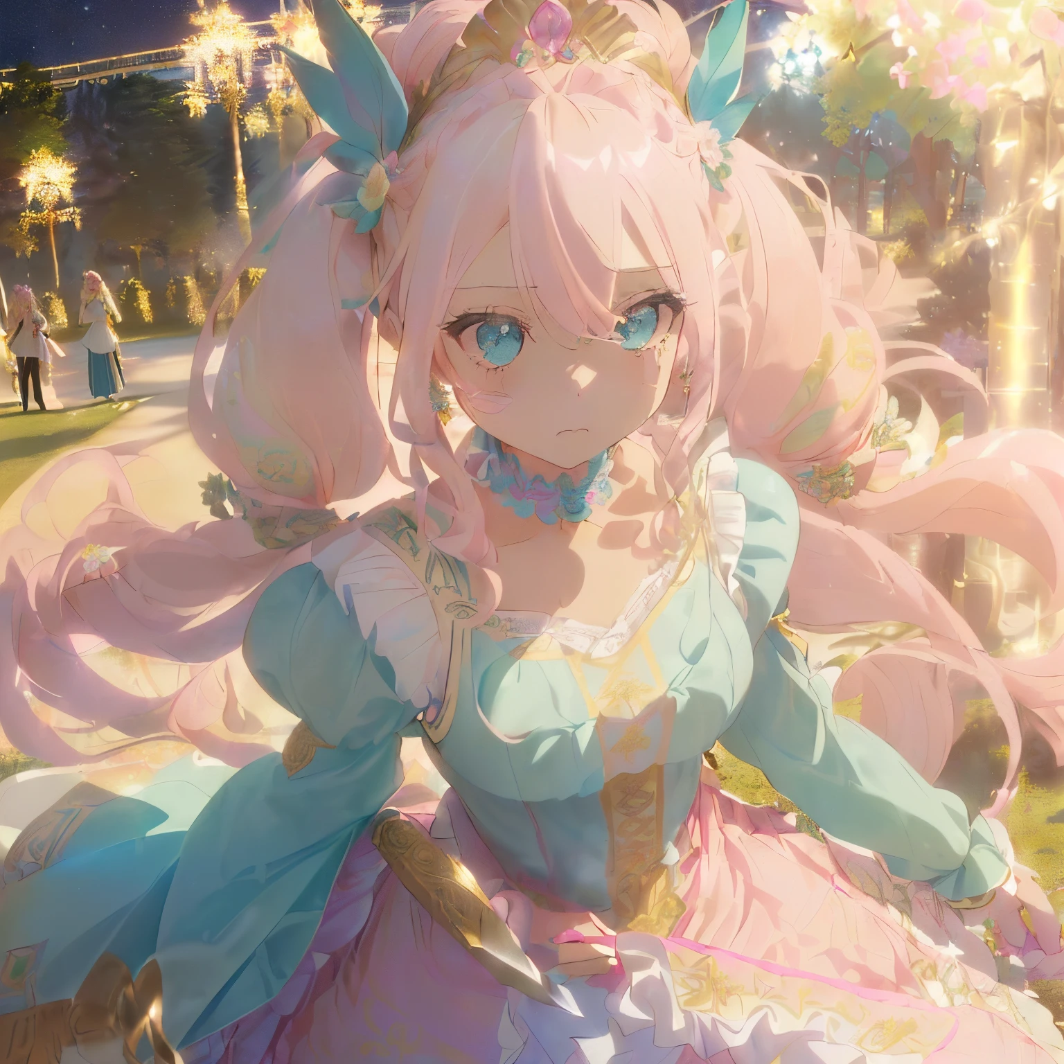 ((Long curled hair)),((Pigtails)),(Light gold and light pink bangis hair)),(half up),((Extravagant hairstyles)),(colorful light hair ornament),((A luxurious tiara with a flower motif)),((A park at night with magical lights、There are old dresses everywhere々dress decorated with..),((The hem of the dress is long enough to reach the ground.)),(white, yellow, Light pink, Light blue, and green),((Blowing wind and clothes, And flowing hair),((deadpan)),(((He holds a richly decorated knife in his hand.))),((close up of face)),Kamimei,((directly in front)),((A face that looks like it's turned away)),