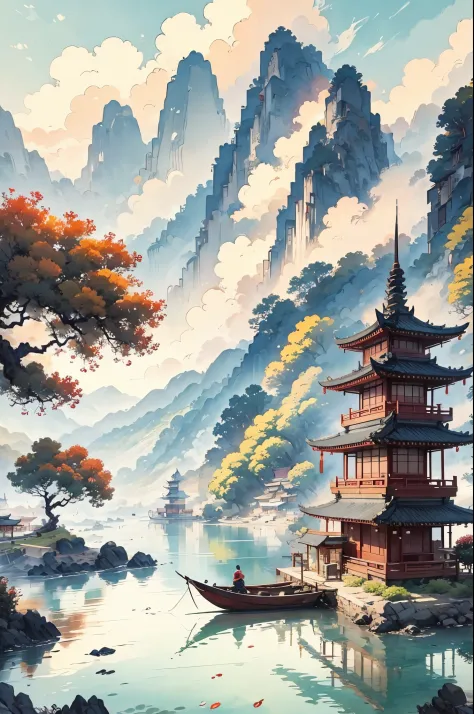 Mountain painting with a pagoda on a small island, Detailed paintings by Yang Jie, pixiv, Modern European ink painting, chinese ...