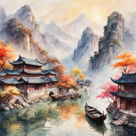 background, chinese watercolor painting, chinese landscape painting, distant mountains, chinese architecture, and small boattrem...