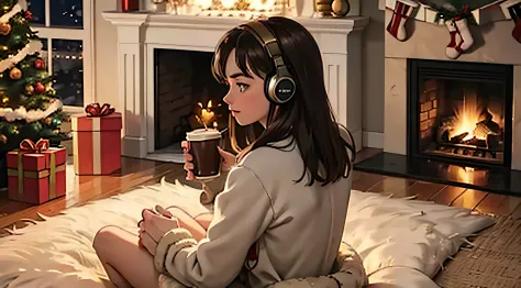 lofi brunette margot robbie with headphones sitting on the floor with a cup of coffee in front of a christmas tree, christmas vi...