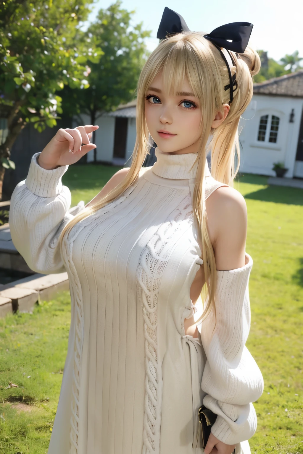 Marie rose, 12yo, adorable girl, child face, Marie rose, Blonde hair, Double buns, (((Oversized Knit dress))), Selfie, standing, upper body, Looking at viewer, Garden, (high saturation:1.0),  (extremely detailed skin), (best quality:1.0), (ultra highres:1.0) ,(photo realistic:1.0), (ultra detailed:1.0), (8k, RAW photo:1.1),(see-through:1), (smile, looking at viewer:1), ((Natural huge tits)), Blonde hair, Double buns, Masterpiece,