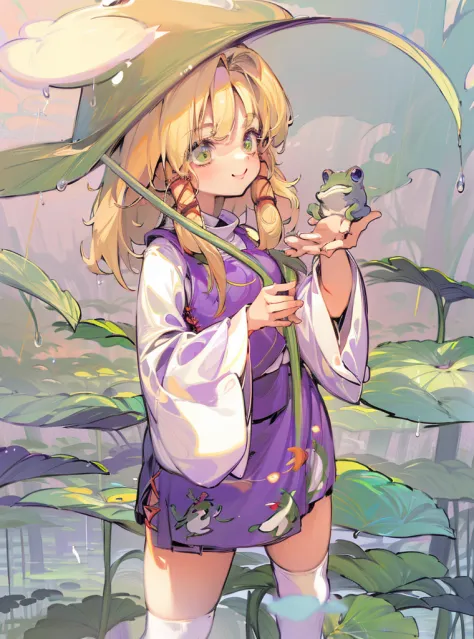 tmasterpiece， best quality， 1个giant breast girl， ssmile， moriya suwako， frog print， coiffed blonde hair，purple clothes，white kne...