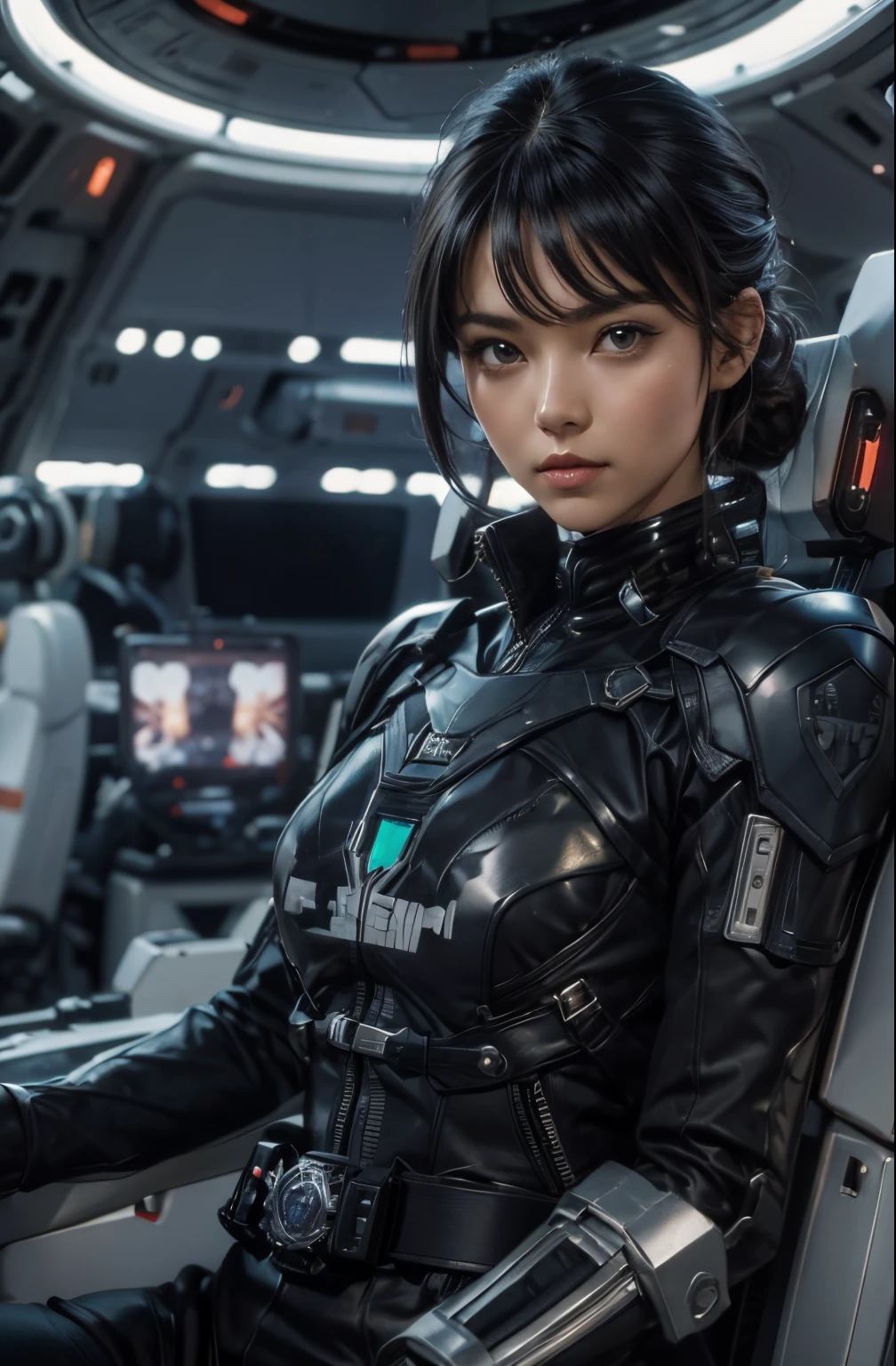 A woman in a futuristic suit sitting in a spaceship - SeaArt AI