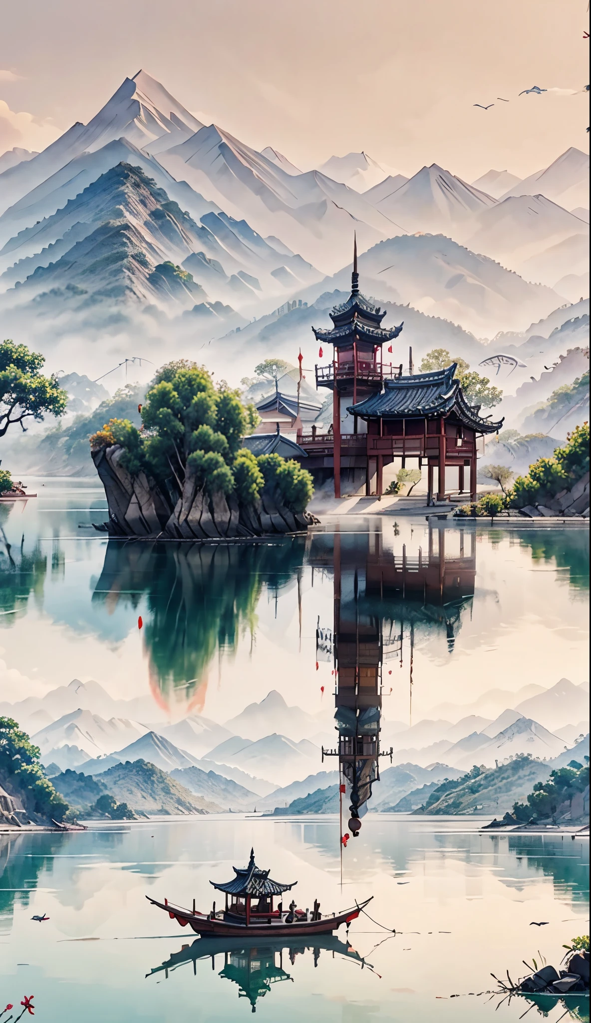 Mountain painting with a pagoda on a small island, chinese watercolor style, chinese painting style, digital painting of a pagoda, Chinese landscape, traditional Chinese watercolor painting, chinese paintings, Japan Art Style, High detail watercolor 8K, highly detailed water colour 8 k, detailed painting 4 k, author：heroes, japanese painting, author：Qu Leile