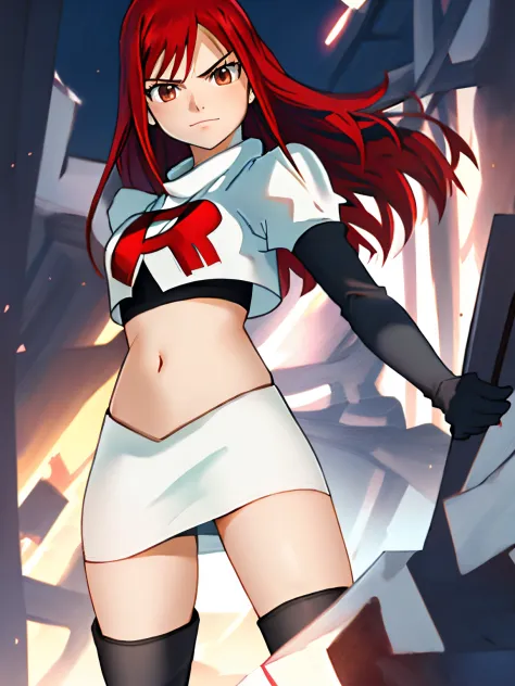 1girl, solo, erza scarlet, fairy tail, red hair, brown eyes, long hair, looking at viewer, serious, closed mouth, team rocket uniform, red letter R, white skirt,white crop top,black thigh-high boots, black elbow gloves, smile, looking at viewer, cowboy sho...