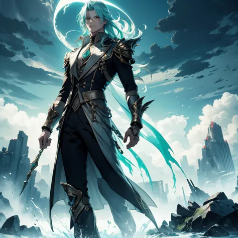 Master piece, 8k, ultra detailed, male god, Final Fantasy clothes, emerald jewel, man, male slender man, long cyan hair, red eye...