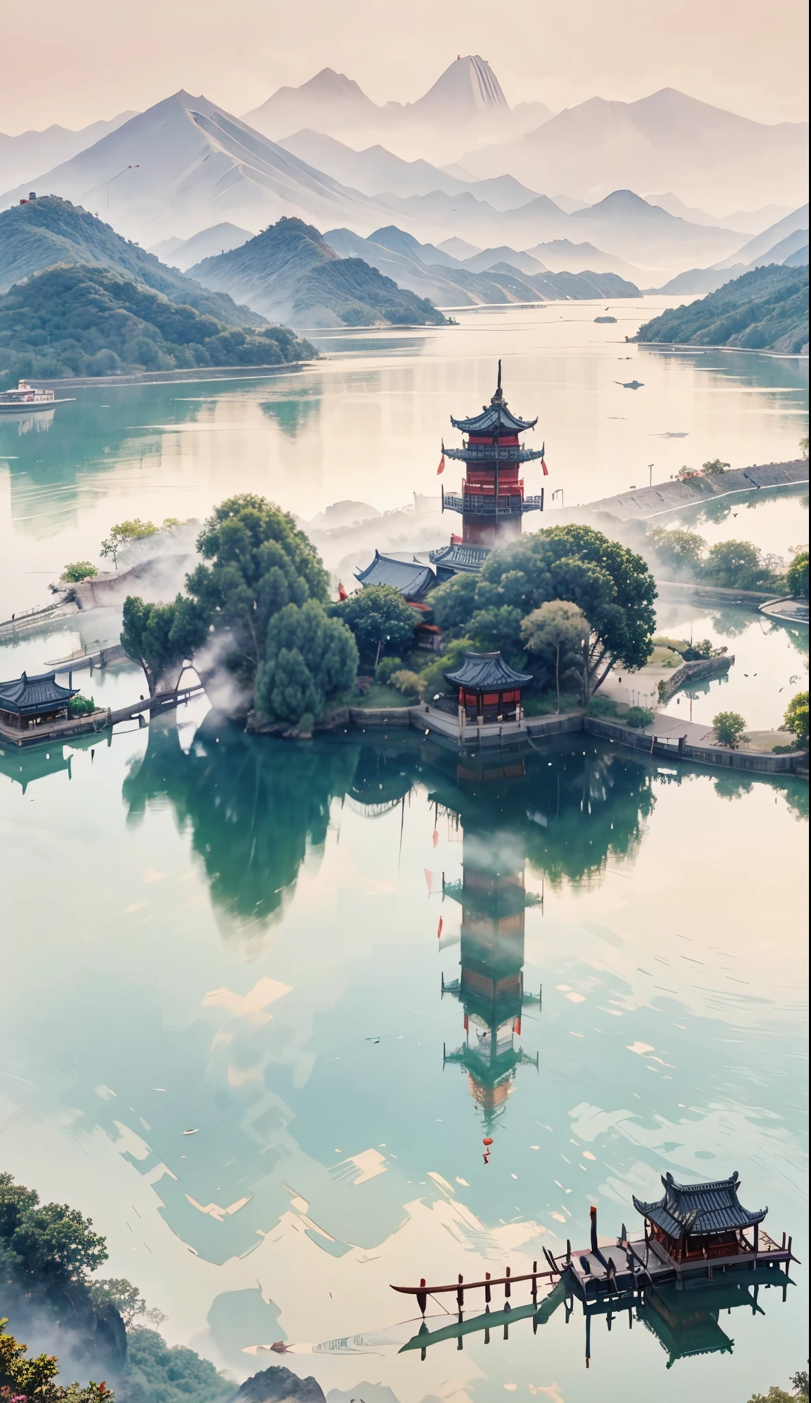 Mountain painting with a pagoda on a small island, chinese watercolor style, chinese painting style, digital painting of a pagoda, Chinese landscape, traditional Chinese watercolor painting, chinese paintings, Japan Art Style, High detail watercolor 8K, highly detailed water colour 8 k, detailed painting 4 k, author：heroes, japanese painting, author：Qu Leile