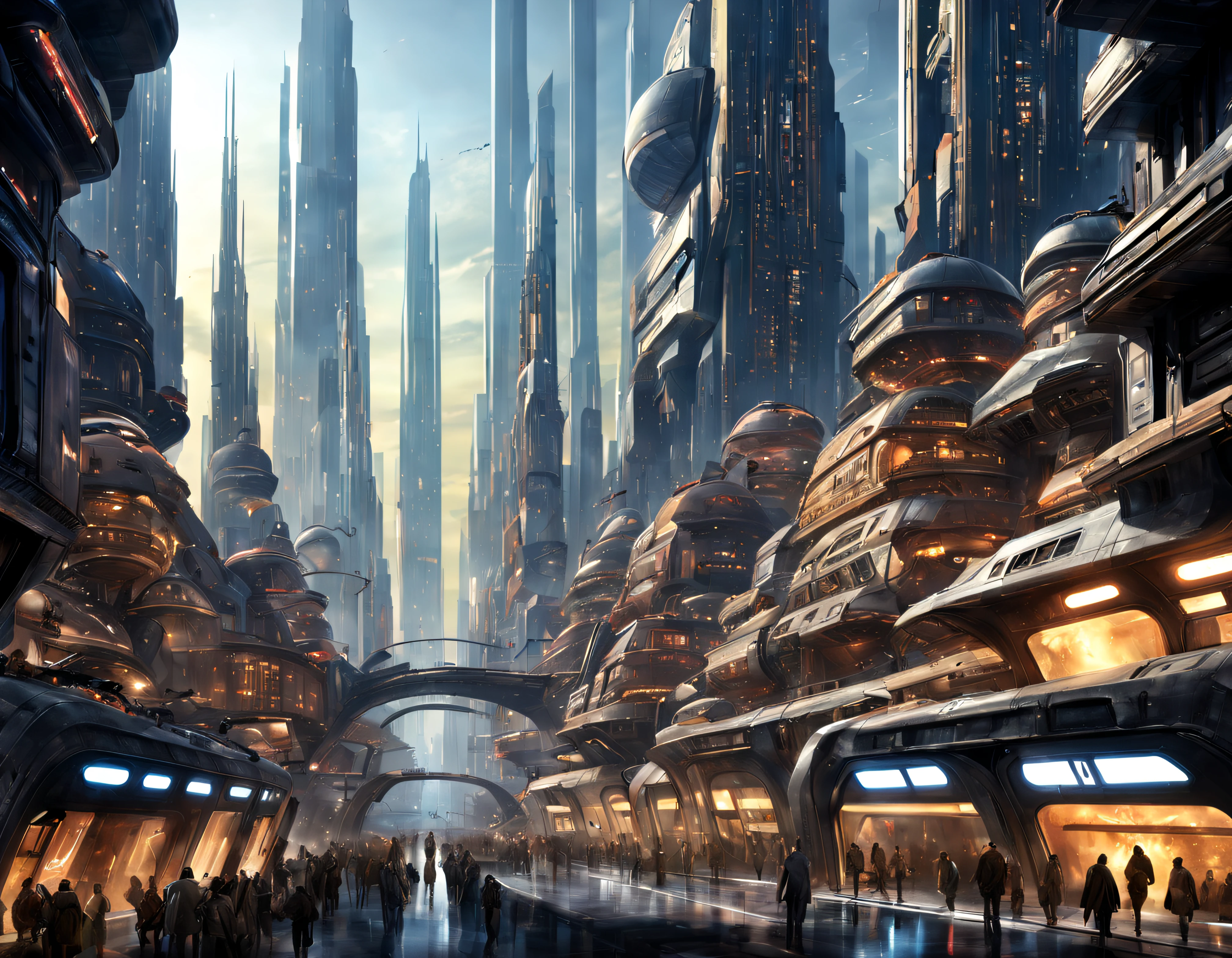 (The city of Coruscant from Star Wars as designed by Doug Chiang), futuristic fantasy city with immense buildings of technological design (que forman una avenida infinita), edificios compactor no difuminados con aspecto metalico, luces en ventanas en edificios, iluminacion diurna con sol, con estructuras acristaladas espectaculares, (con colores vivos). pavimento ensolado (sin brillo). gente paseando. imagen bien definida con muchos edificios juntos. imagen nitida bien definida 8k. los edificios llegan alta el fondo.,8k. imagen cinematografica