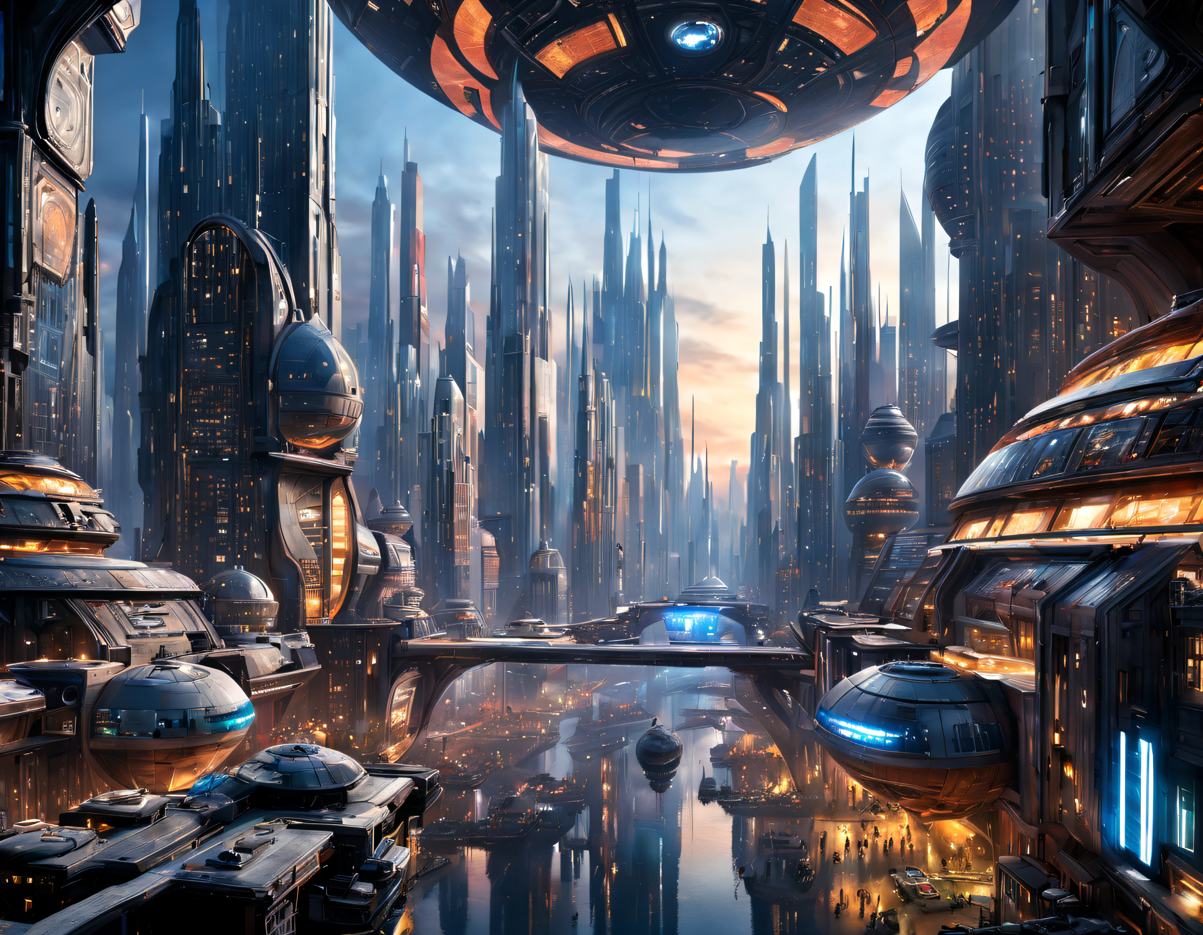 (The city of Coruscant from Star Wars as designed by Doug Chiang), futuristic fantasy city with immense buildings of technological design (that form an infinite avenue), non-blurred compactor buildings with metallic appearance, lights in windows in buildings, daytime lighting with sun, with spectacular glass structures, (with bright colors). sunny pavement (dull). people walking. well defined image with many buildings together. sharp well defined 8k image. the buildings reach high into the background.,8k. cinematographic image