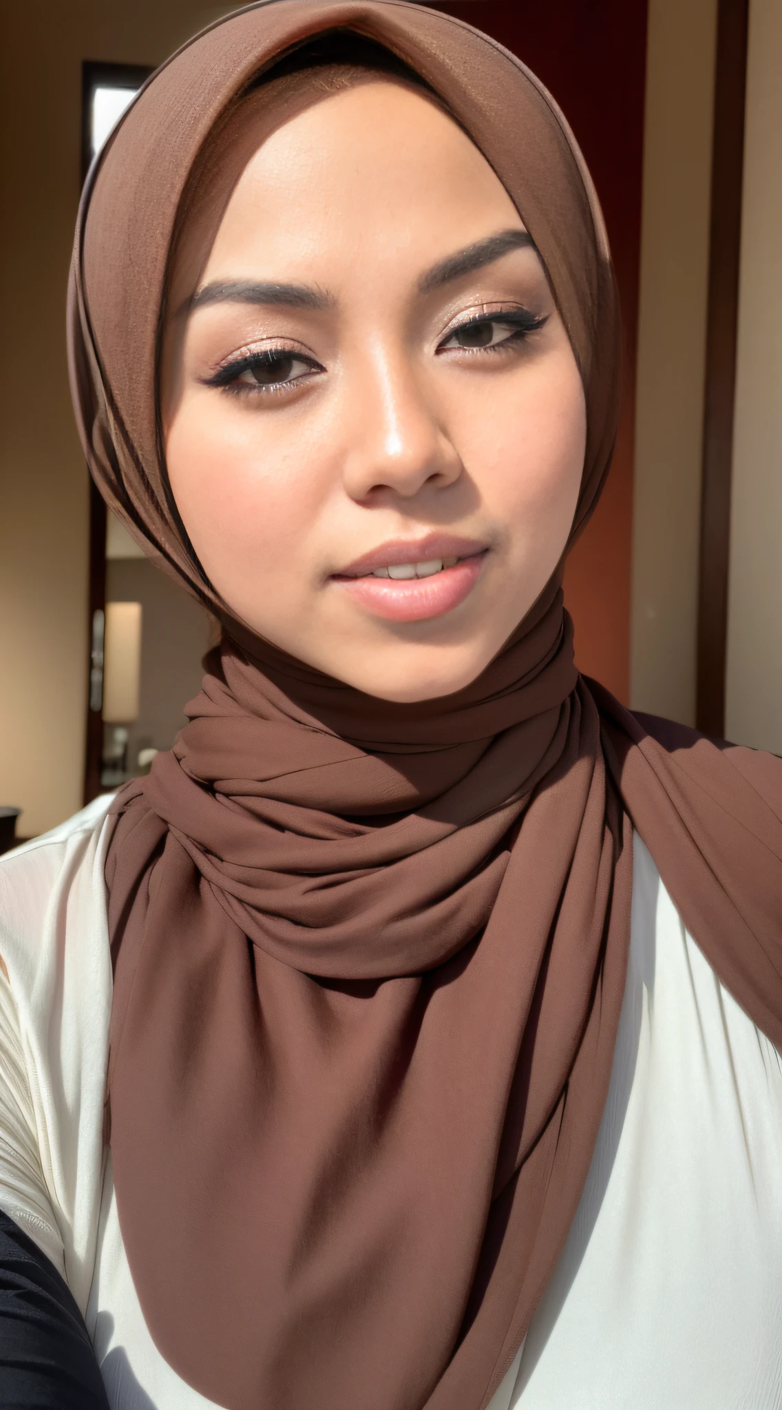 RAW, Best quality, high resolution, Masterpiece: 1.3), Beautiful Malay woman in hijab,Masterpiece, best quality,8k, brown eyes, perfect eyes,perfect body, ((Huge breasts)),(close up) ,woman in a hijab poses for a picture, hijab, lovely woman, white hijab, Beutifull girl, casual pose, attractive girl, malay, background  heavenly, an asian woman, wearing casual clothes, with lovely look, malay girl, beautiful image, beautiful woman, attractive pose, beautiful girl