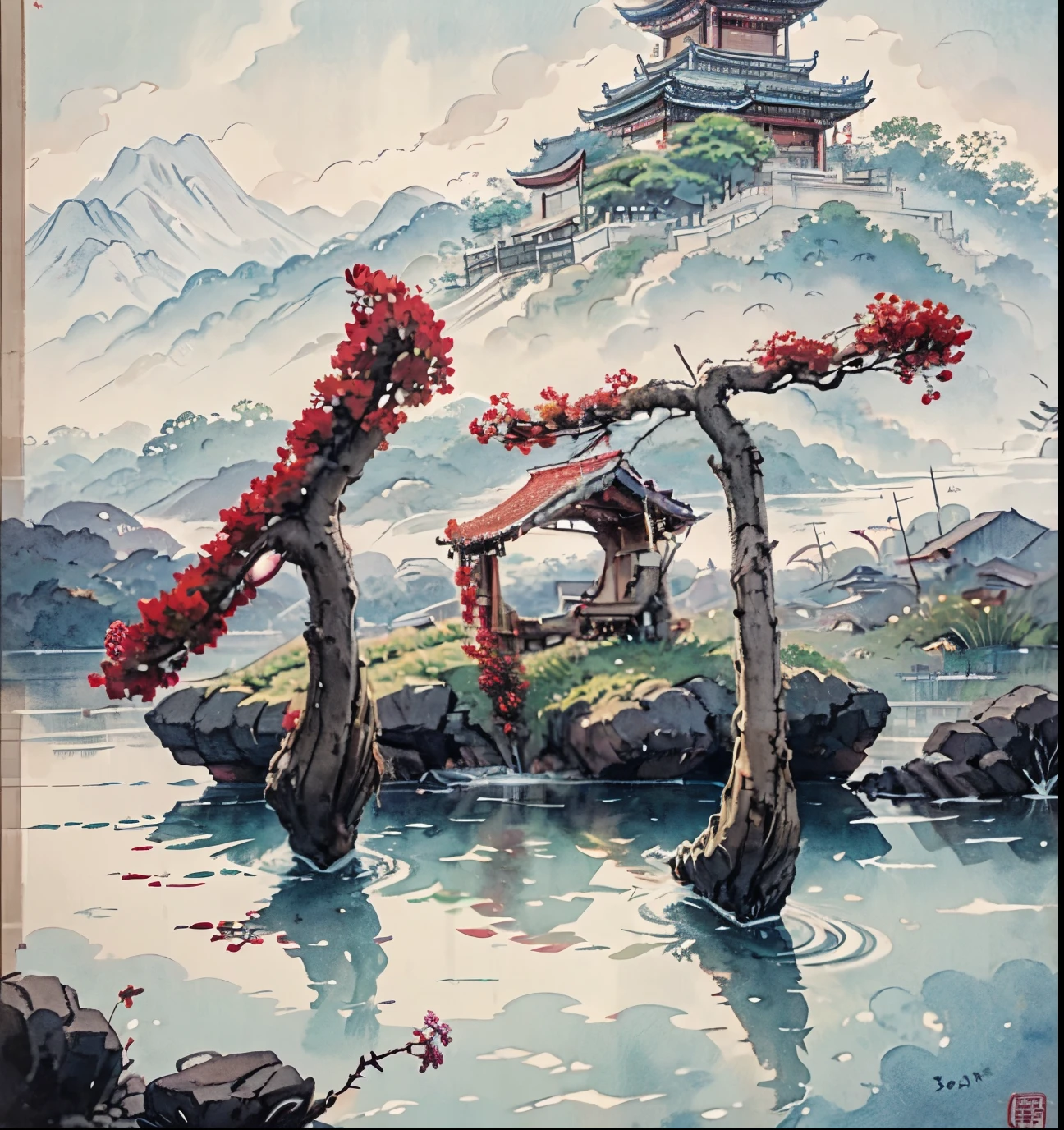 小島上有一座寶塔的山畫, 中國水彩風格, 中國畫風格, 寶塔的數位繪畫, 中國風景, 中國傳統水彩畫, 中國畫, 日本藝術風格, 高度細緻的水彩 8k, 高度細緻的水彩 8 k, 詳細繪畫 4 k, 作者：英雄, 日本畫, 作者：Qu Leile