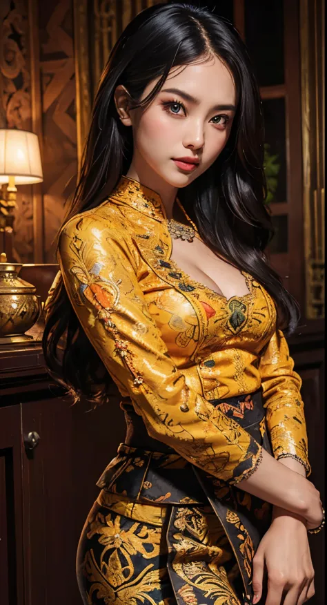1 Indonesian-Dutch girl, 25 years old, long fashion hair, fit body, small cleavage, skintight black lace kebaya, batik skirt, ma...