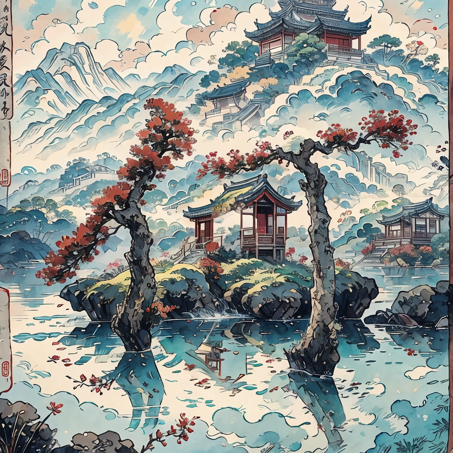 لوحة جبلية مع معبد على جزيرة صغيرة, نمط الألوان المائية الصينية, أسلوب الرسم الصيني, اللوحة الرقمية للمعبد, المناظر الطبيعية الصينية, الرسم بالألوان المائية الصينية التقليدية, الرسم على الطريقة الصينية, أسلوب الفن الياباني, ألوان مائية مفصلة للغاية 8K, ألوان مائية مفصلة للغاية 8 ك, اللوحة التفصيلية 4 ك, مؤلف：بطل, اللوحة اليابانية, مؤلف：تشو ليل
