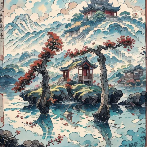 Mountain painting with a pagoda on a small island, chinese watercolor style, chinese painting style, digital painting of a pagod...