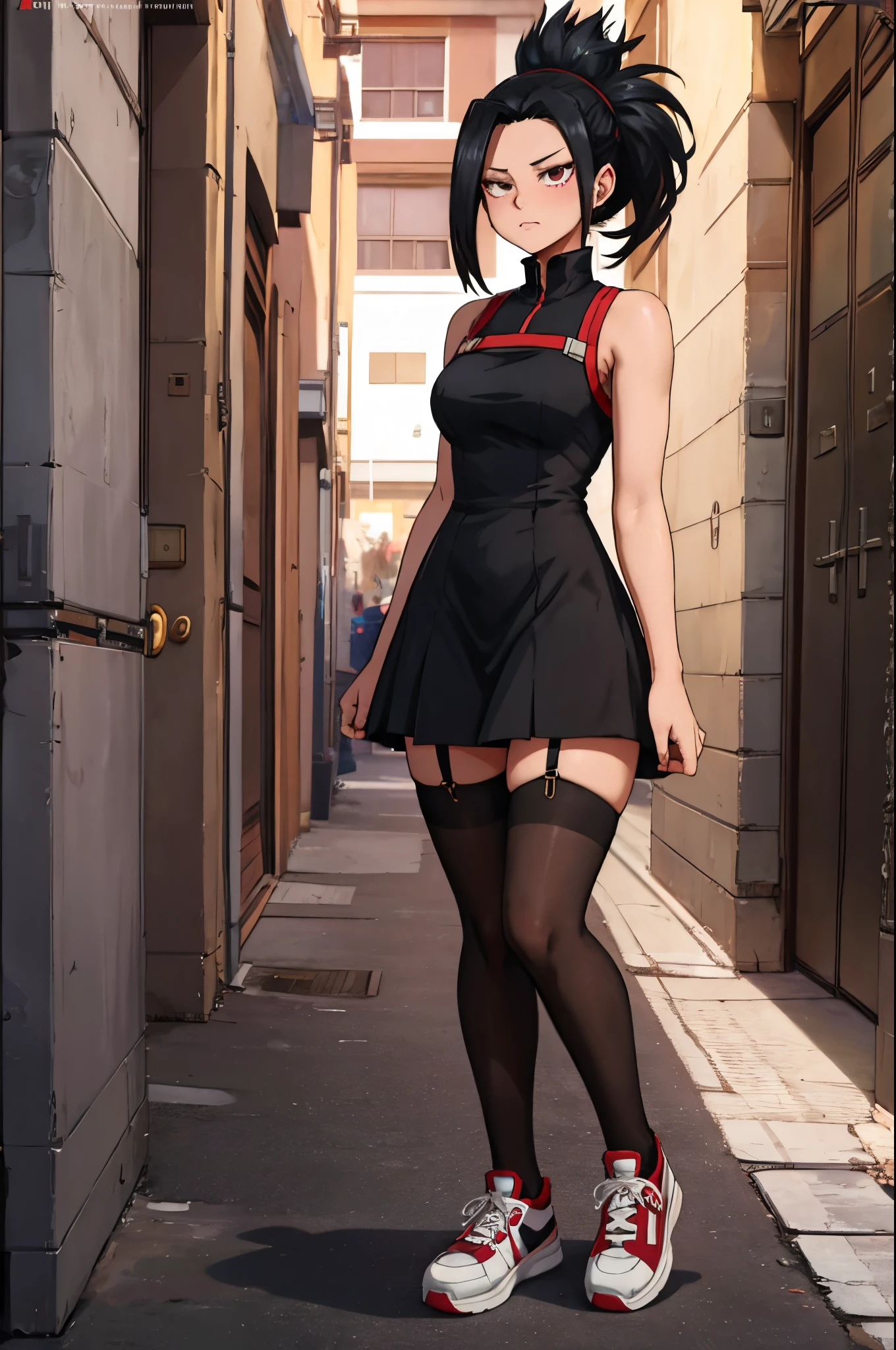 A woman in a short black dress and red shoes standing on a street - SeaArt  AI