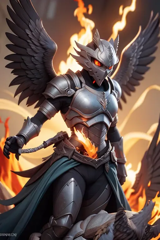 a armored warrior with eagle on shoulder, eagle behind warrior, eagle spreading wings, bath fire, (in flameright, fiery, hot, re...