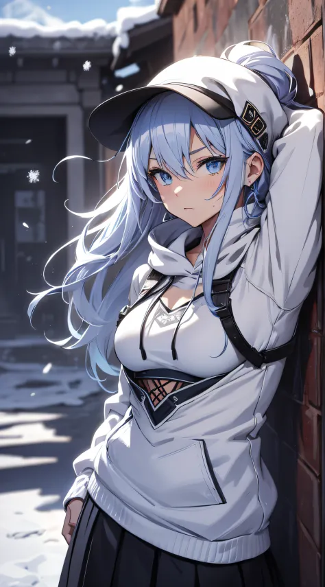 top-quality、Top image quality、​masterpiece、teens girl((Black underwear、White hoodie with open chest、Black skirt、18year old、 Ager、Best Bust、big bast,Beautiful light blue eyes, Long silver hair、A slender,Large valleys、Reflecting the whole body、Leaning forwar...