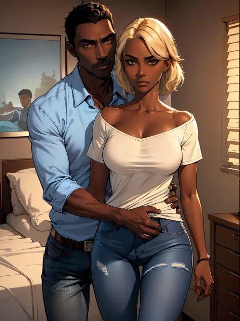 (Tall Dark skin ebony man in a casual shirt and blue jeans, broad shoulders, black hair), a disheveled attractive woman with blonde hair, embracing, clear defined brown eyes, deceptive, blushing, secretive lovers, flirtatious, mischievous, shocked expressi...