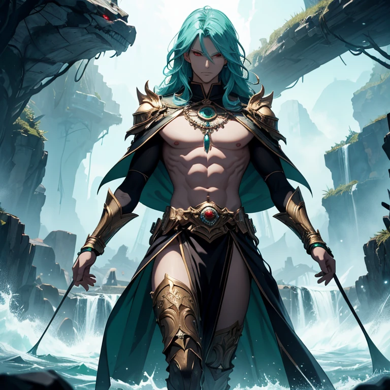 Master piece, 8k, ultra detailed, god, dolman, shirtless, emerald jewel, man, male slender man, long cyan hair, red eyes, full body frame, hurricane and lightnings background