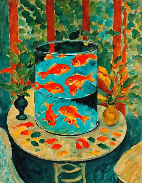 m4t1 goldfish in an aquarium on the table, thick paint, brush strokes