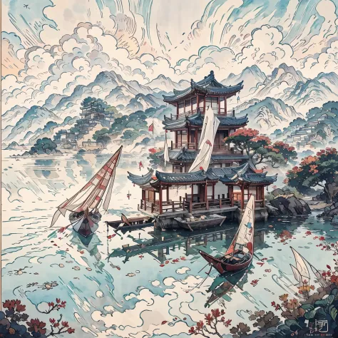 Mountain painting with a pagoda on a small island, chinese watercolor style, chinese painting style, digital painting of a pagod...