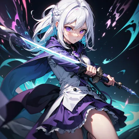 (masterpiece, best quality, chromatic aberration), 
colorful, 1girl, white hair, purple eyes, dual wielding, sword, holding swor...