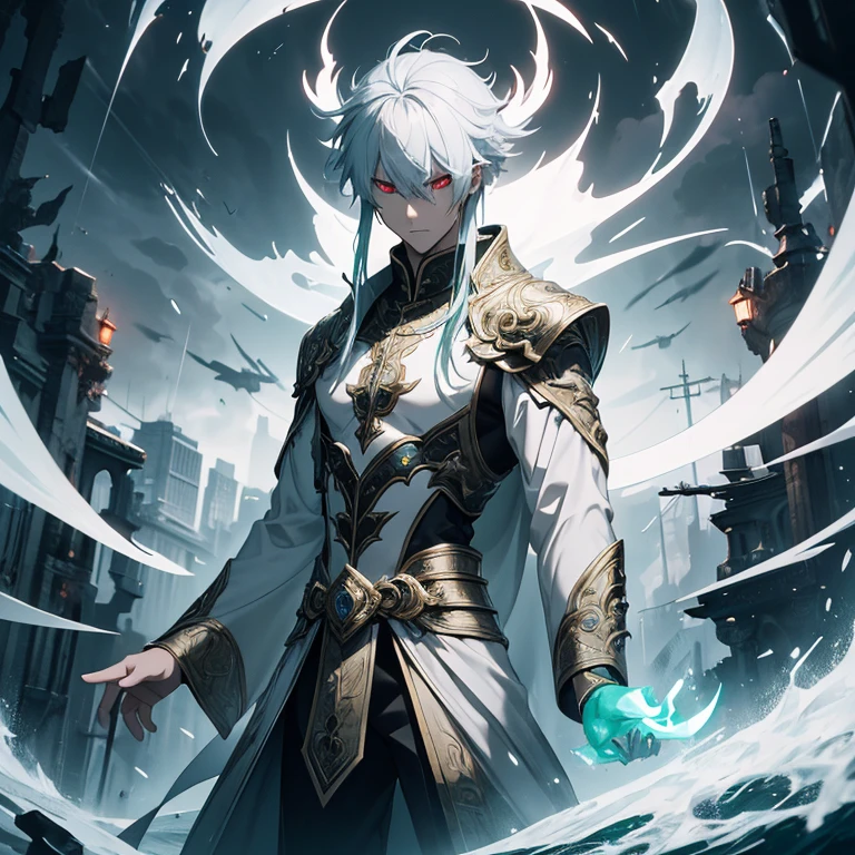 Master piece, 8k, ultra detailed, god, kung fu light grey clothe, emerald jewel, man, male slender man, long cyan hair, red eyes, full body frame, hurricane and lightnings background