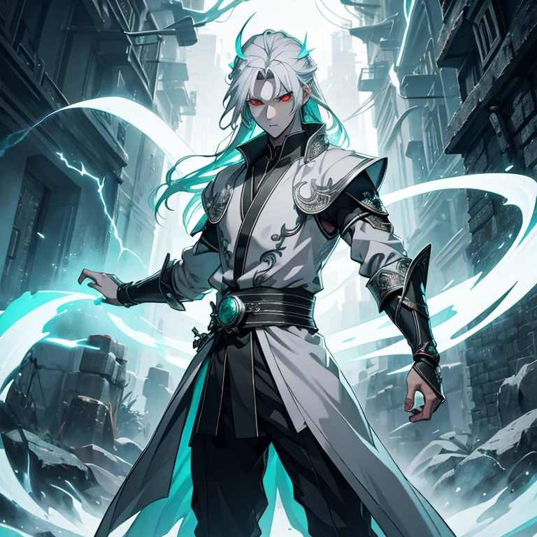 Master piece, 8k, ultra detailed, god, kung fu light grey clothe, emerald jewel, man, male slender man, long cyan hair, red eyes, full body frame, hurricane and lightnings background