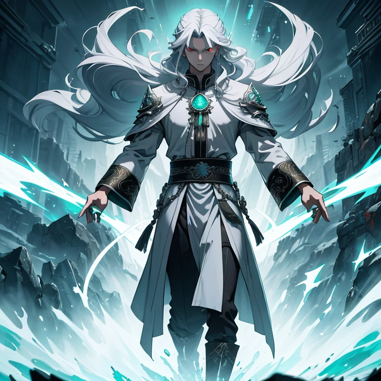 Master piece, 8k, ultra detailed, god, kung fu light grey clothe, emerald jewel, man, male slender man, long cyan hair, red eyes, full body frame, hurricane and lightnings background