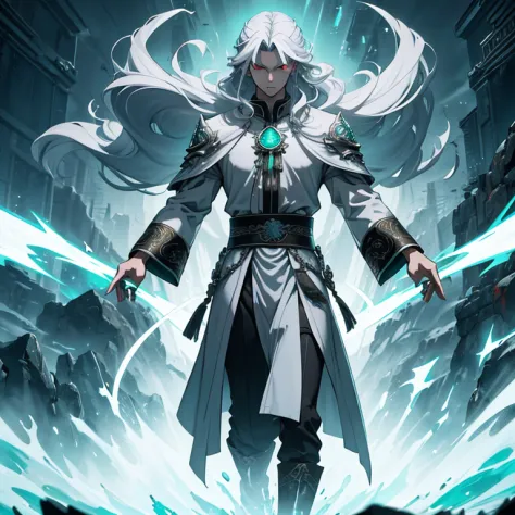 Master piece, 8k, ultra detailed, god, kung fu light grey clothe, emerald jewel, man, male slender man, long cyan hair, red eyes...