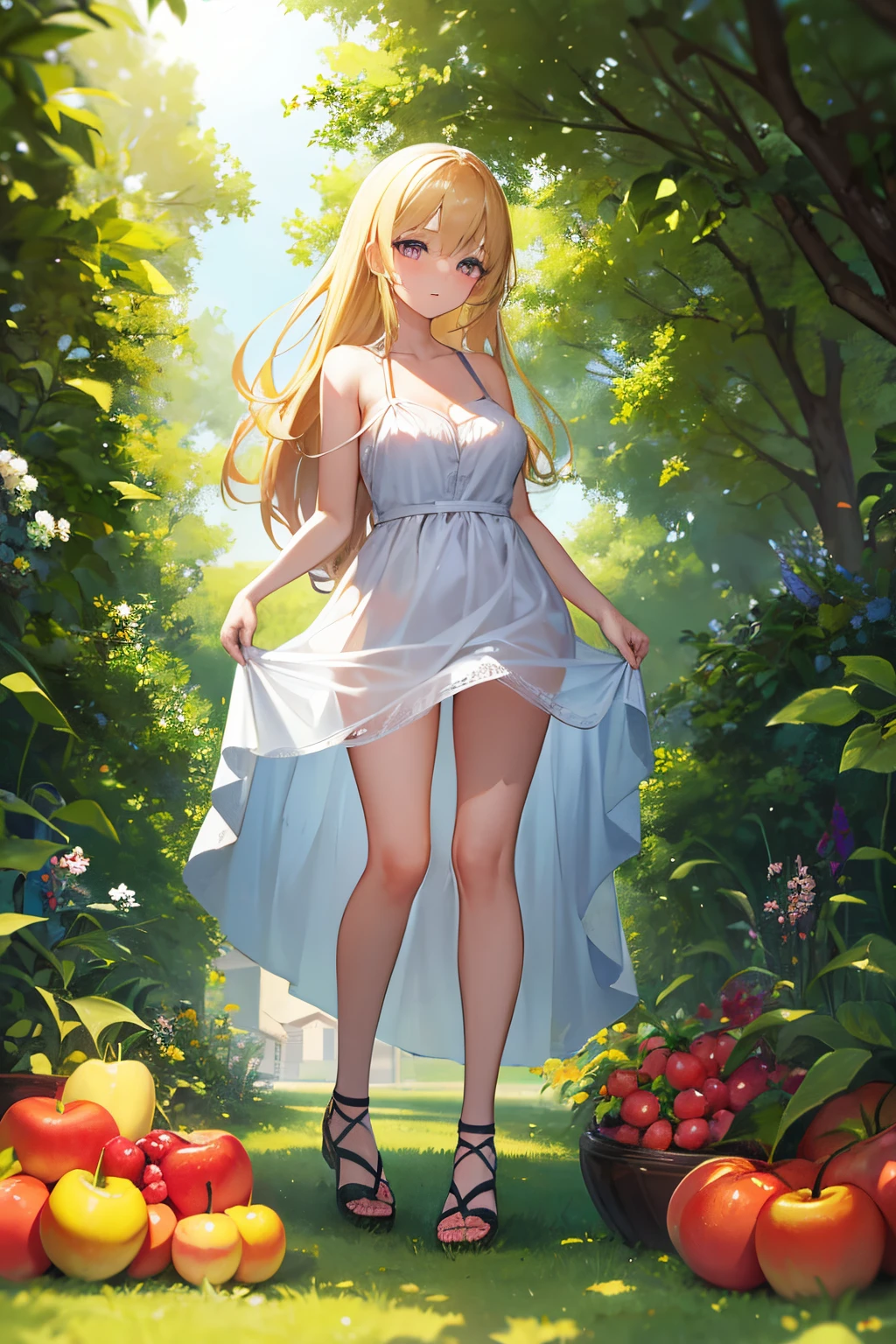 a country girl take hoe in fruit garden, sunny , beauty eyes, full body