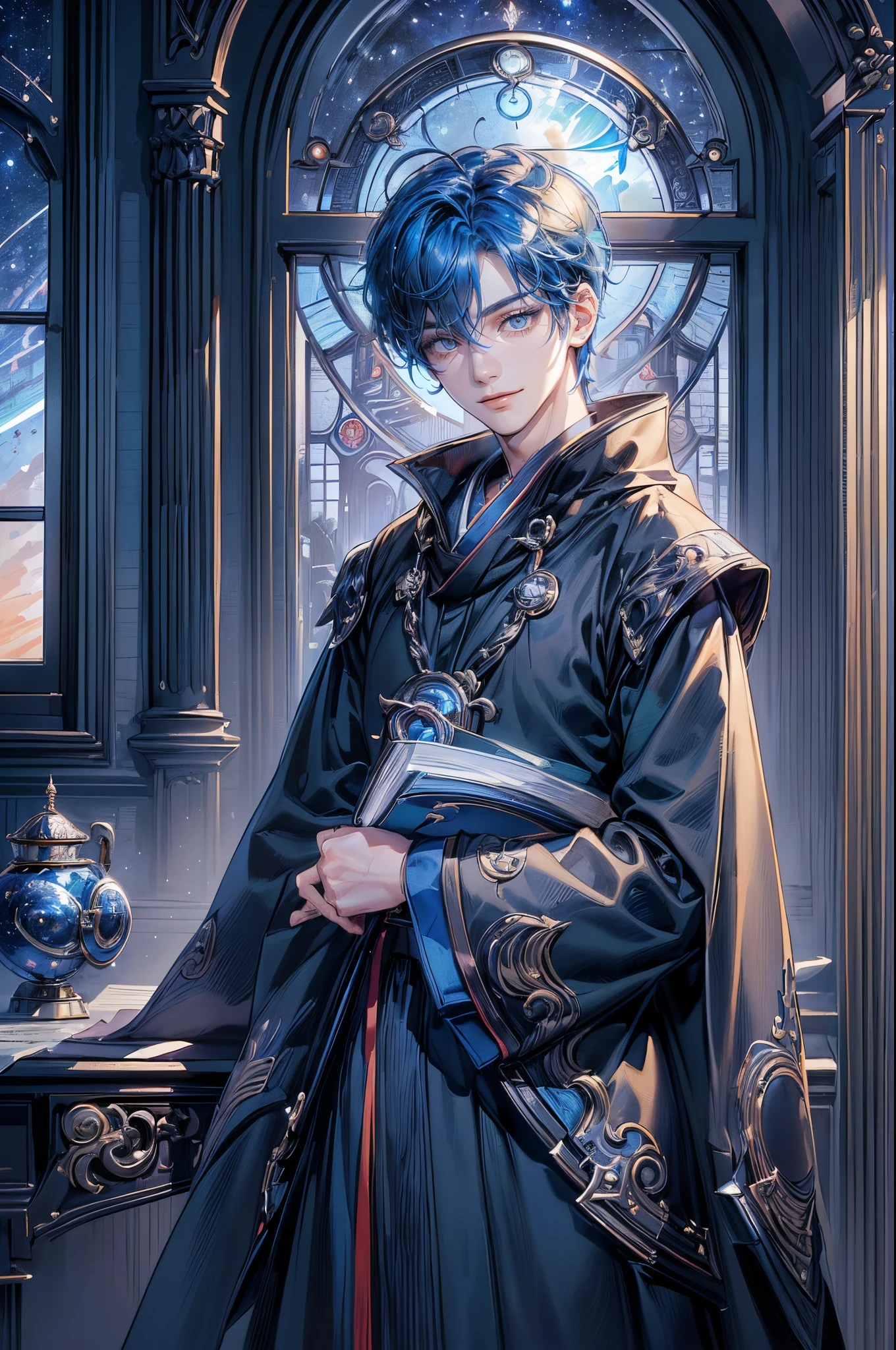 ((4K workasterpiece、(quality)、A beautiful fallen angel boy、slim、tall、((Charming British style))、(Beautiful eye night in detail))、in a room in england、The castle where the villain lives lacks shop windows、room at night、((You can see the starry sky from the windoloomy sky))、((English style room))、((Filmed in a room in England))、midynight、((Short hair, bright blue hair))、((The face  smaller))、((White eyes))、((American male))、(( Male 26 years old))、((Cool man))、((Like a celebrity))、((smile show teeth and smile))、((Korean makeup))、((eyes long and sharp))、((Happy dating))、((boyish sense))、((Upper body photography))、profesional photo、((Shoot alone))、((Shot from the front))、((Shoot near him))、((Focus zooms in))、((He was standing in the corner of the room reading a book))