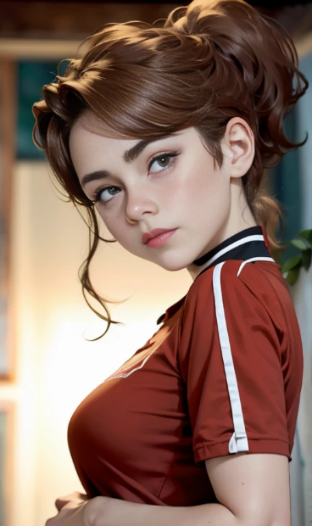 Photo of a 15-year-old European girl, .RAW, beautiful woman, (Light brown hair with ponytail hairstyle ), Ponytail hairstyle ((portrait)), ((detailed face:1.2)), ((detailed facial features)), (finely detailed skin), with freckles on cheeks and chest , Varied background  , Christmas Dress , santa claus dress 、medium breasts, big breasts , big smile (cool color), humid, humid, ReFlectoreasutepiece) (perfect proportions realistic photos)(The best quality) (detailed) photographed with a Canon EOS R5, 50mm lens, f/2.8, NffSW, (8k) (wallpaper) (cinematic lighting) (Dramatic lighting) (sharp focus) (Convoluted)  ,Whole body, beautiful woman body , Posing and waving to the camera