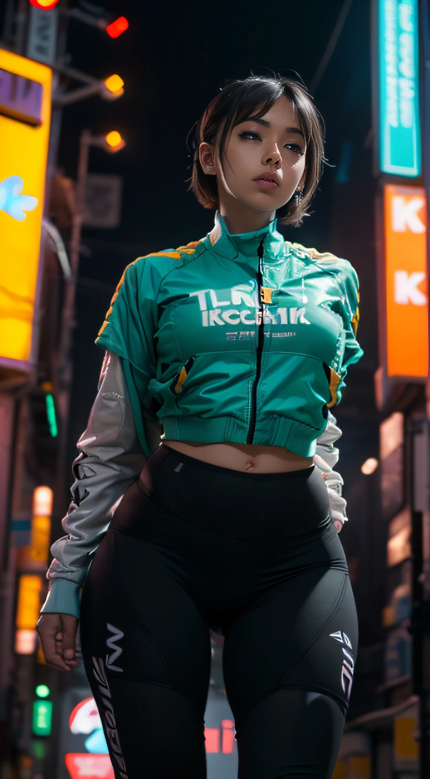 ((遠射:1.5)),((從下面:1.5)), 1 可愛 ((歐亞裔女性)), 穿著 (((紫色 Urban Techwear 短夾克))), 高科技服飾褲襪, (((白色運動胸罩)), (短髮), (((black hair 和 blue highlights))), 厚嘴唇, 綠色明亮的眼睛, 無聊的,沙漏臀, 大腿間隙,中等乳房, im完美的 skin, 雀斑, standing 和 bent legs, 電影燈光, (手_和_5_手指), (完美的_手), (完美的_手指), (完美的_字母_燒傷細節, (逼真的):1.1), (生的, 8K:1.3)