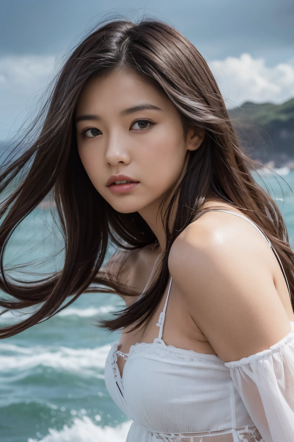 ((Top Quality)),((Masterpiece)),((Very Beautiful)), Distinctive light and shadow, One girl, Messy hair, Realistic skin texture, Strong wind, Rain, Rocky shore, Rough sea, Feminine pose