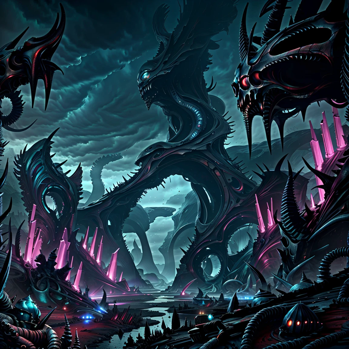 Wide angle, Biomechanical valley of Madness. A landscape with an abyss, cemetery of horror, polluted rivers, unreal engine, Colorful sketch painting. Intricate details, masterpiece painting.